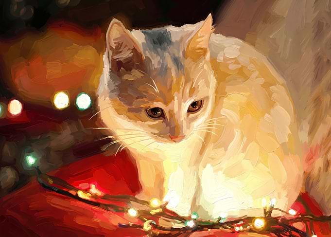 Cat with Christmas Lights Painting