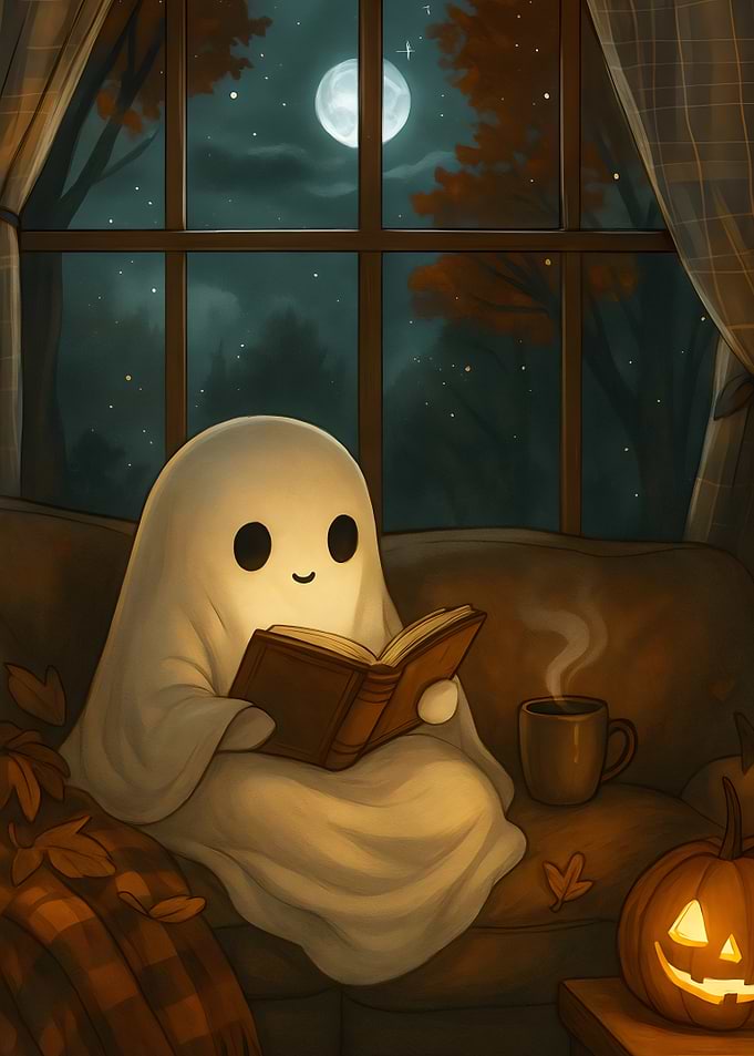 Cozy Ghost Reading on Autumn Night