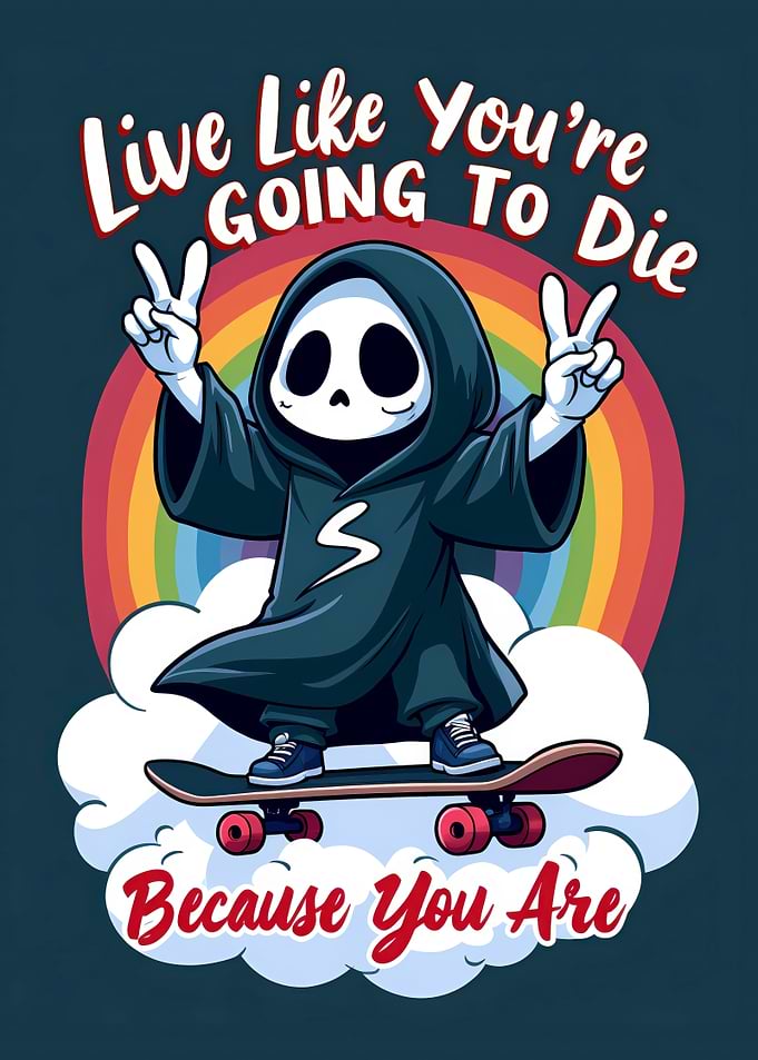 Cartoon Grim Reaper on Skateboard