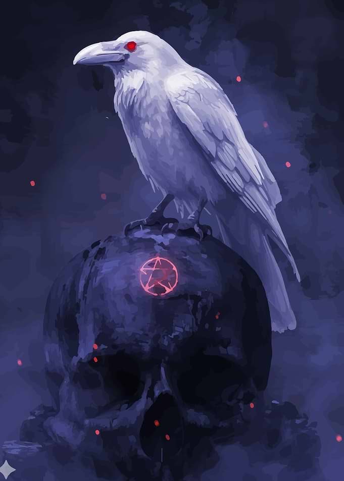White Raven Perched on Skull