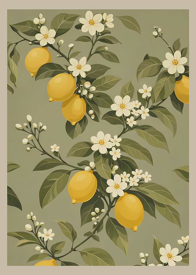 Lemon Tree with Flowers Illustration