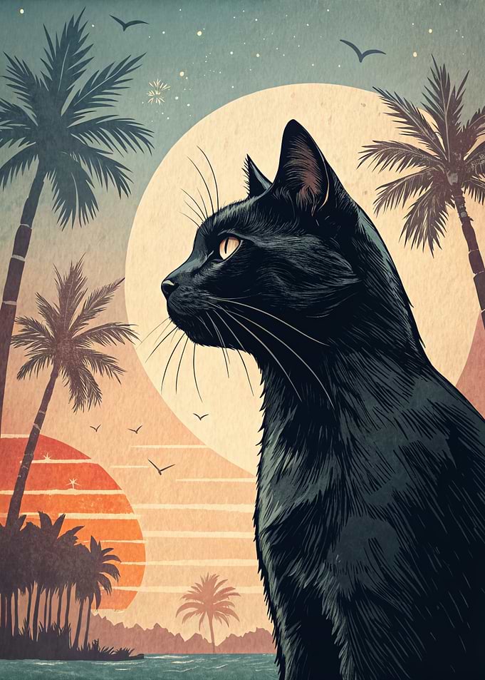 Black Cat Tropical Beach Illustration