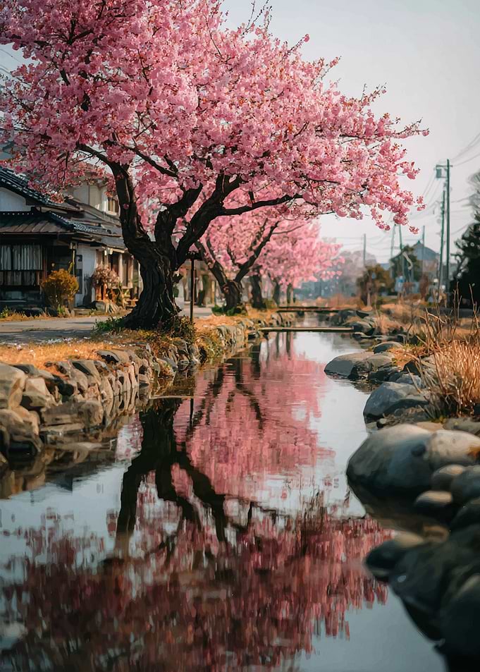 Cherry Blossoms Reflecting in Canal Water