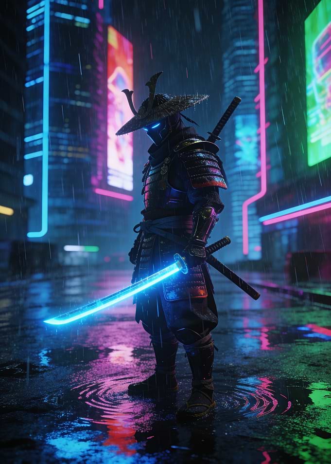 Cyberpunk Samurai in Rainy Cityscape