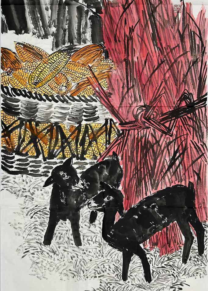 Ink Painting of Lambs and Harvest