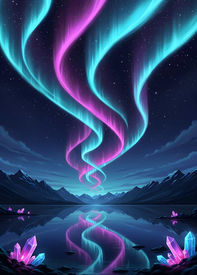 Aurora Borealis over Lake with Crystals