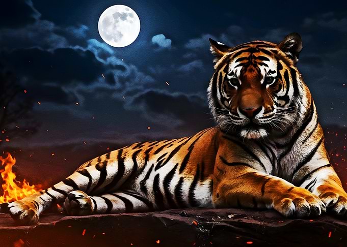 Tiger under moonlight with fire