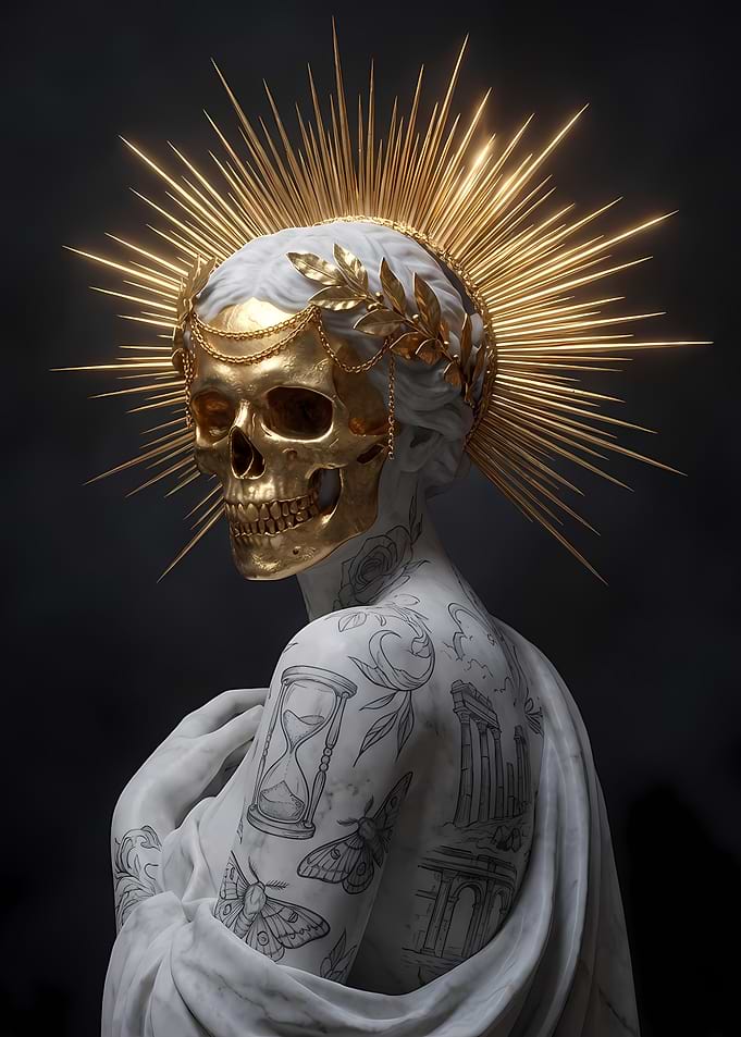 Gilded Skull Statue with Tattoos