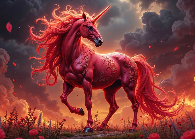 Crimson Unicorn in a Floral Field