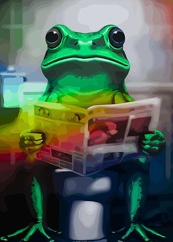 Frog Reading Newspaper on Toilet
