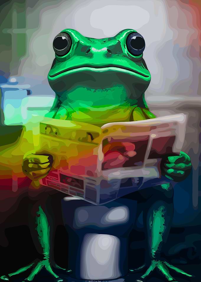Frog Reading Newspaper on Toilet