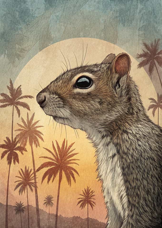Squirrel with Palm Trees Illustration