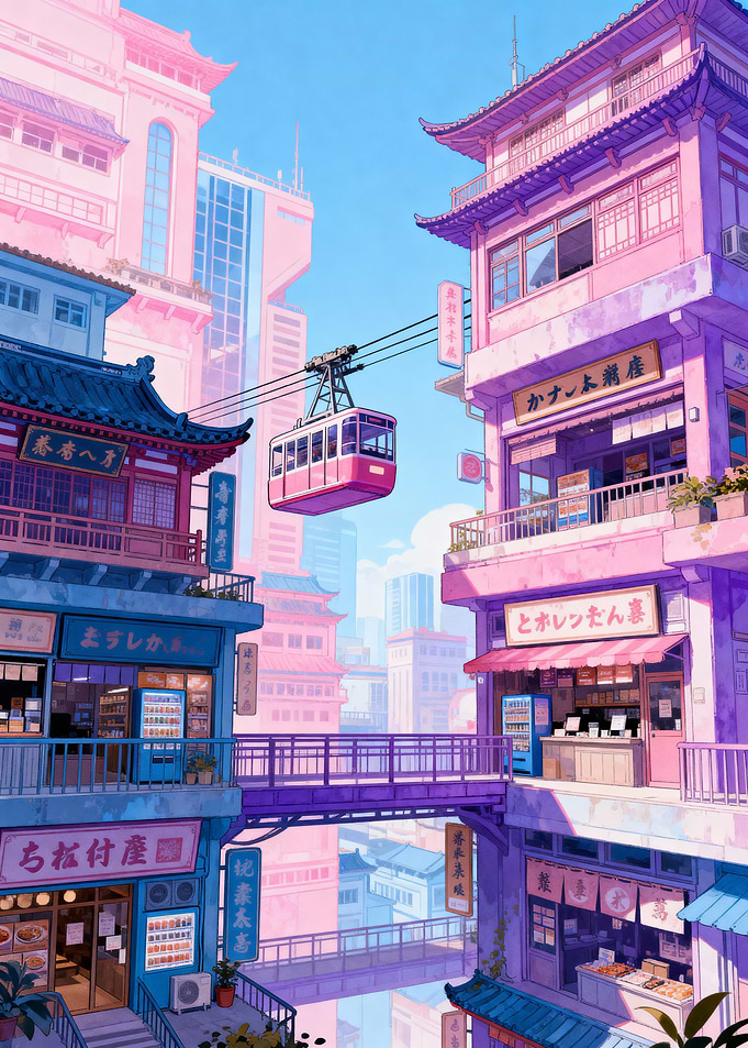 Pink and Blue Asian Cityscape