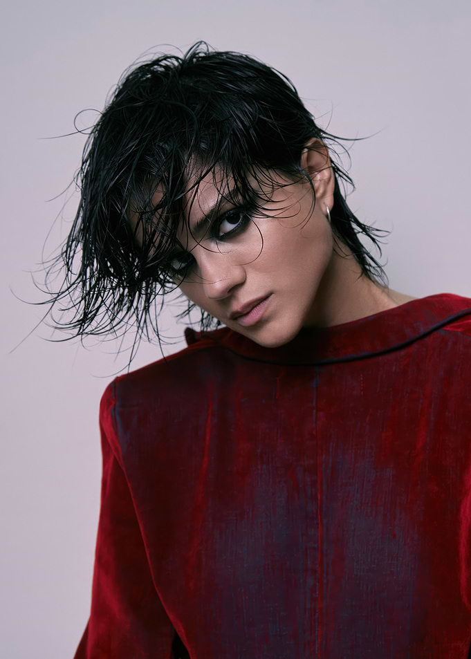 sasha calle with Wet Hair and Red Top
