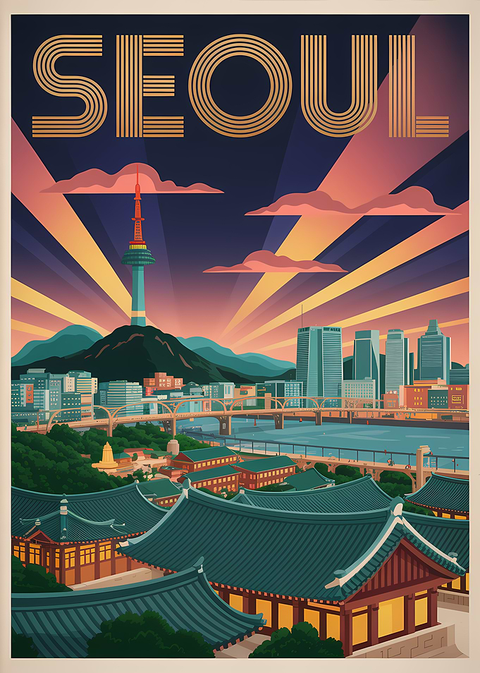 Seoul Cityscape Vintage Travel Poster