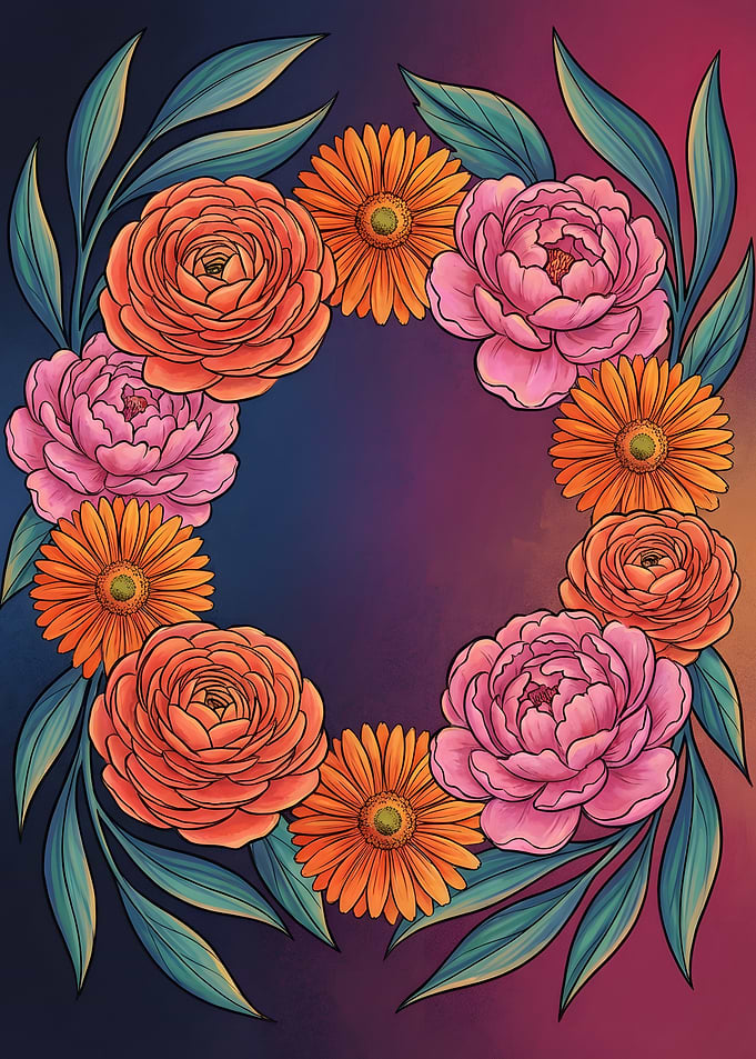 Floral Wreath with Pink and Orange Flowers