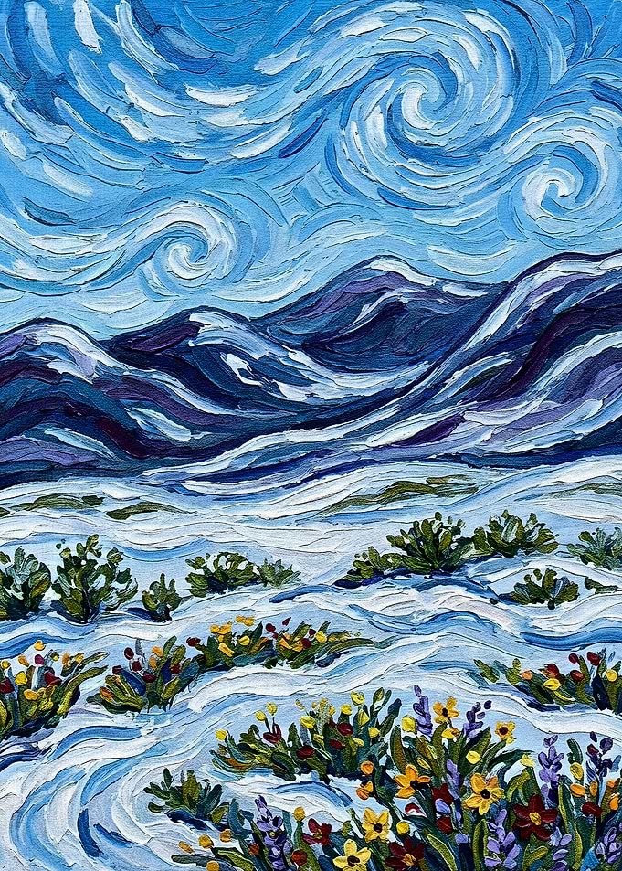 Impressionistic Mountain Landscape with Flowers