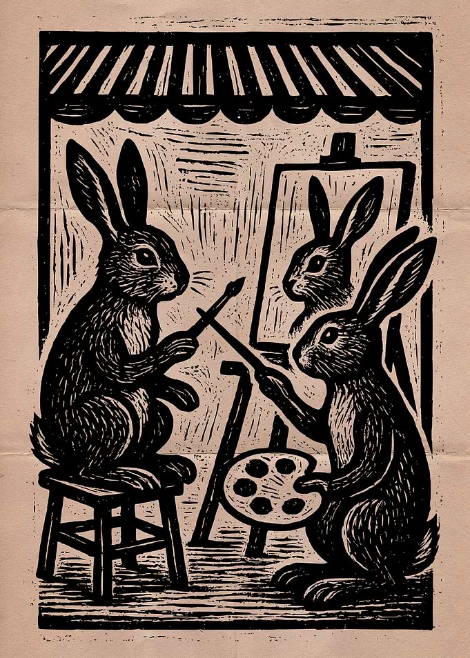 Rabbit Artists Woodcut Print