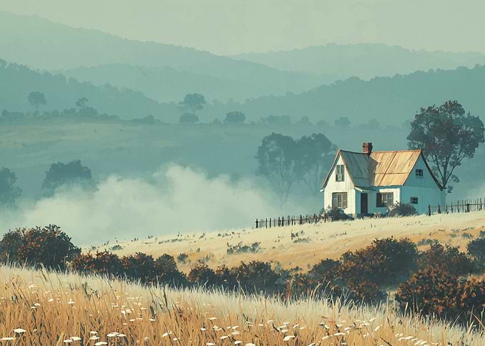 Rural House in Misty Landscape