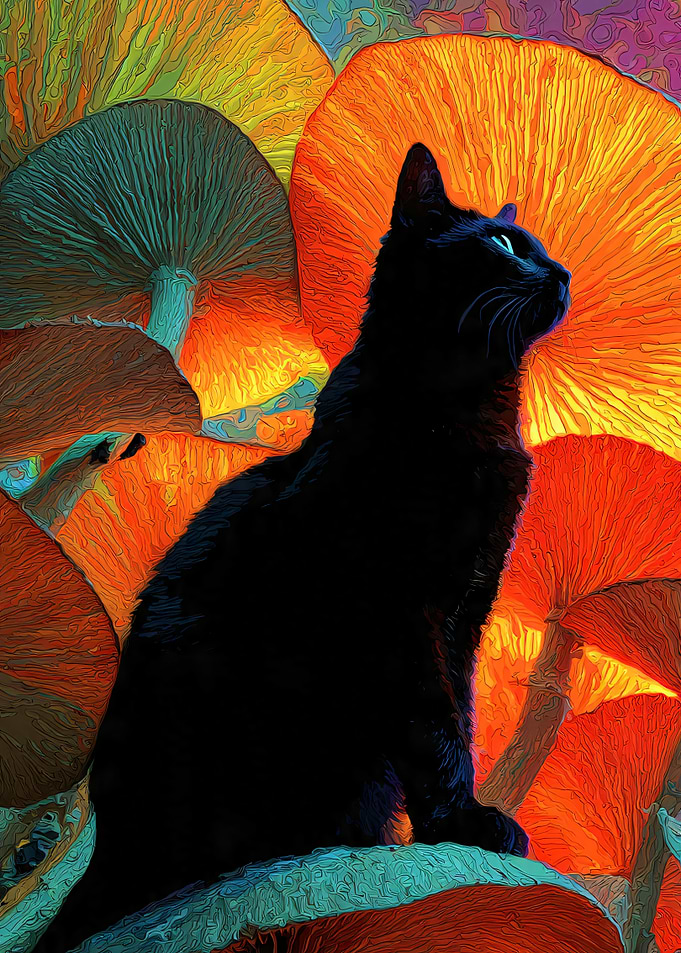 Black cat among colorful mushrooms