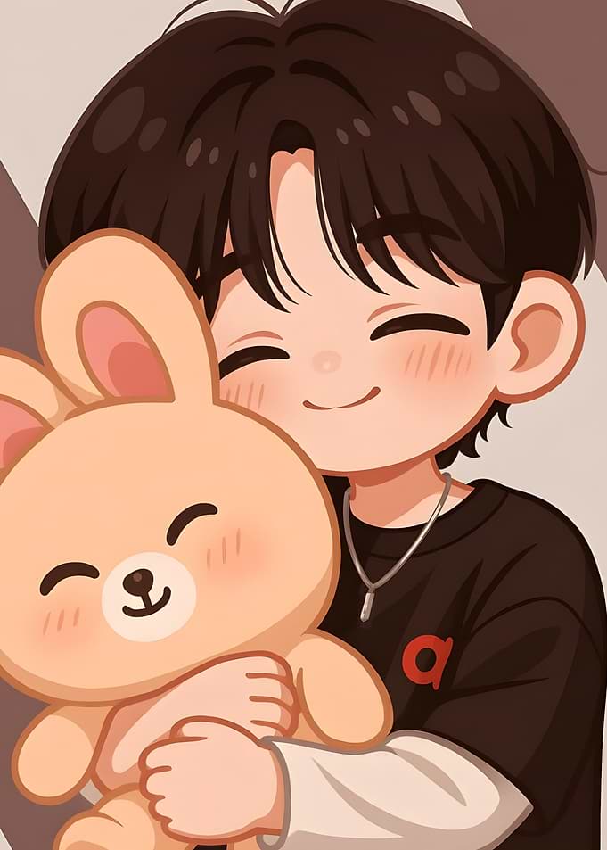 Cartoon Boy Hugging a Plush Bunny