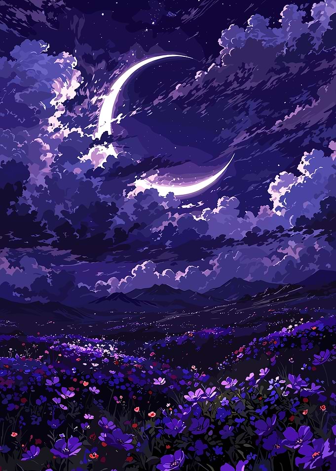 Purple Flower Field Under Crescent Moon