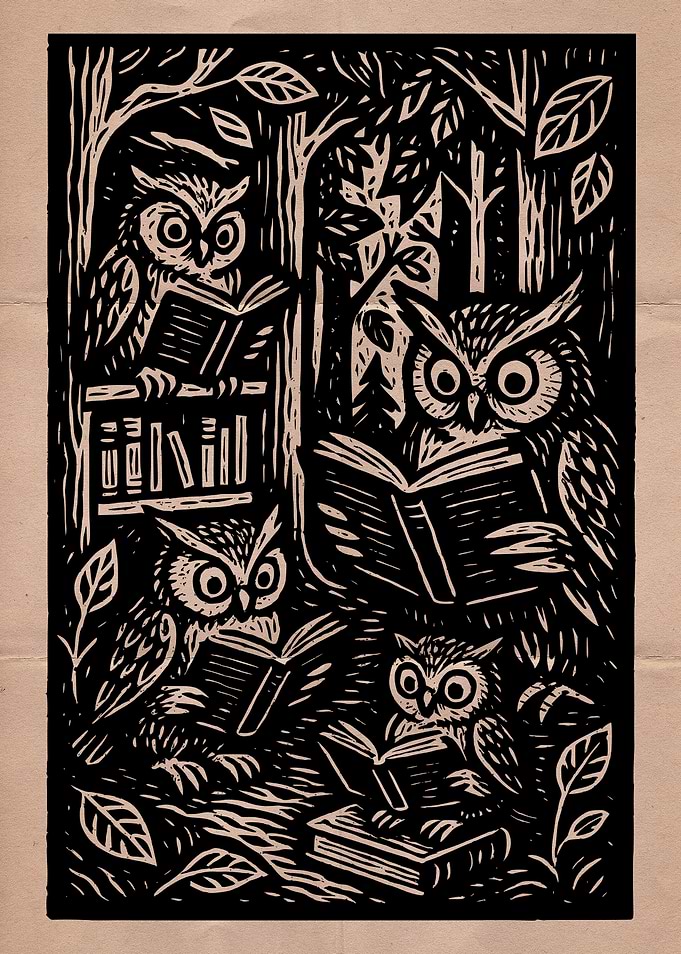 Owls Reading Books in Forest Illustration