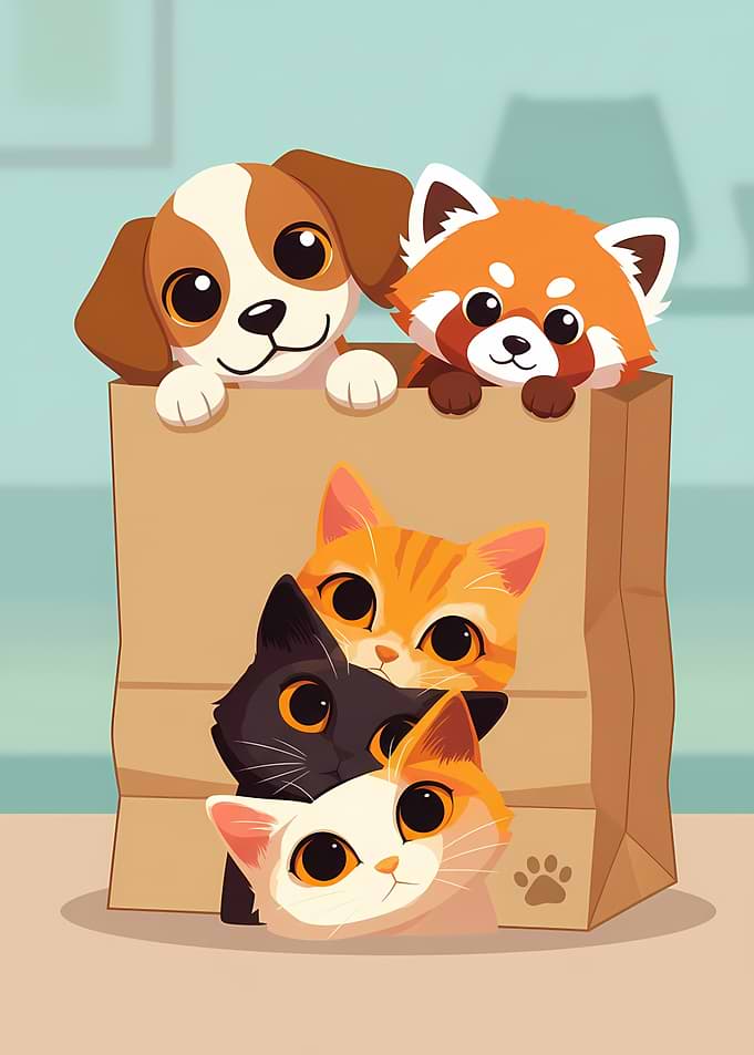 Cartoon Animals in a Bag