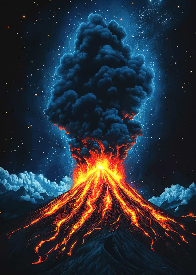 Volcano Eruption Under Starry Night Sky