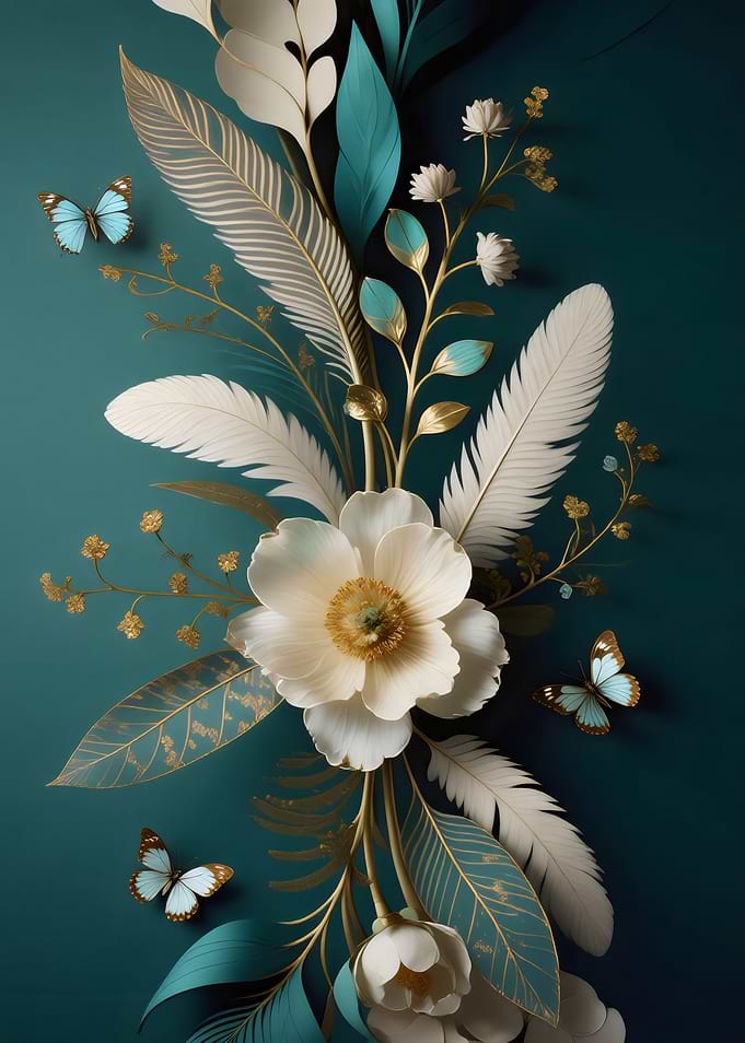 Floral arrangement with butterflies on teal