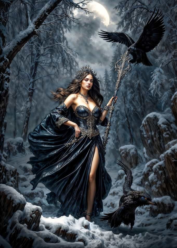 Winter Goddess Morana with Ravens in Snowy Forest