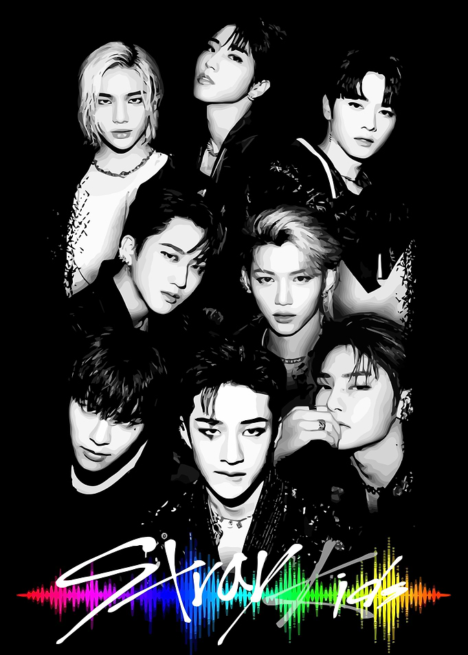 Stray Kids Group Portrait Black and White