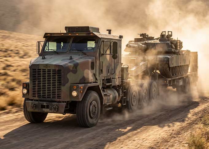 Military Truck Transporting Tank on Dirt Road