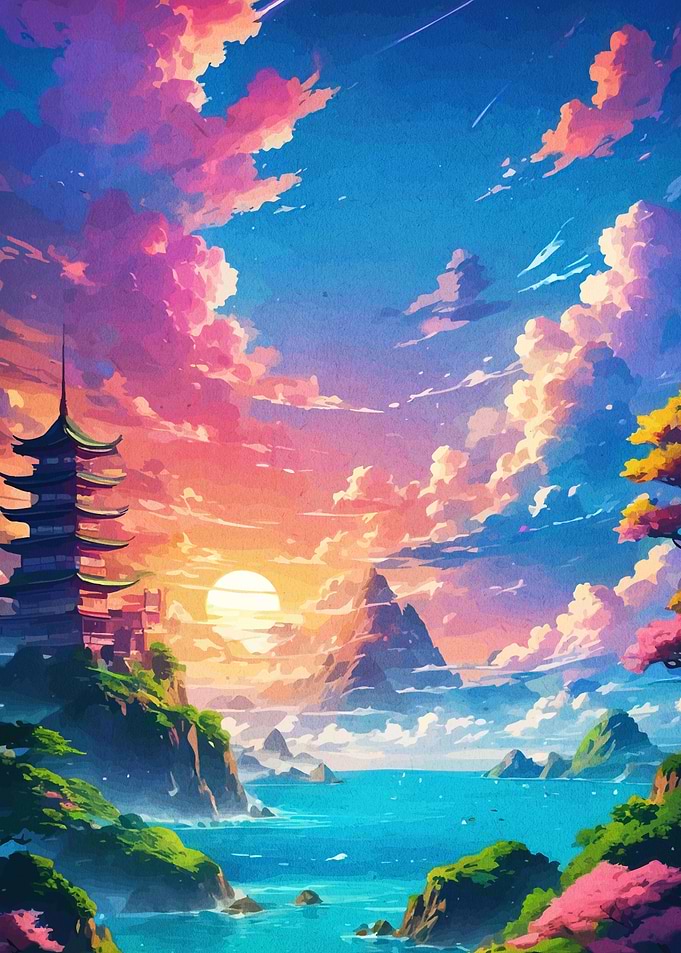 Japanese Temple Landscape at Sunset