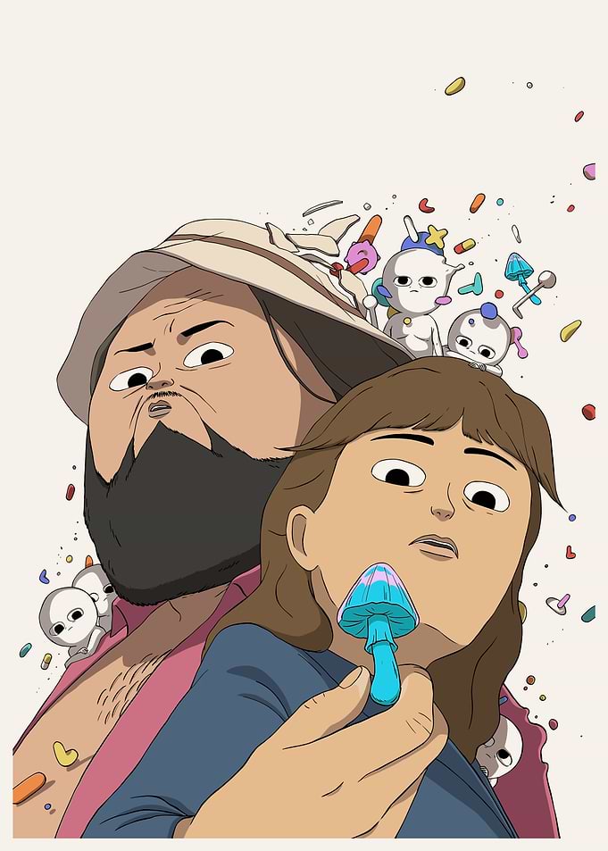 Cartoonish Portrait with Mushroom and Figures
