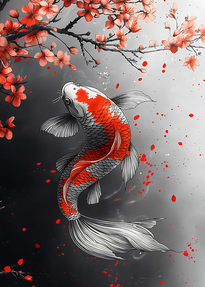 Koi Fish and Cherry Blossoms Art