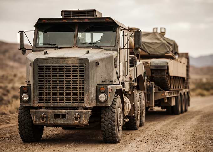 Military Truck Transporting Tank