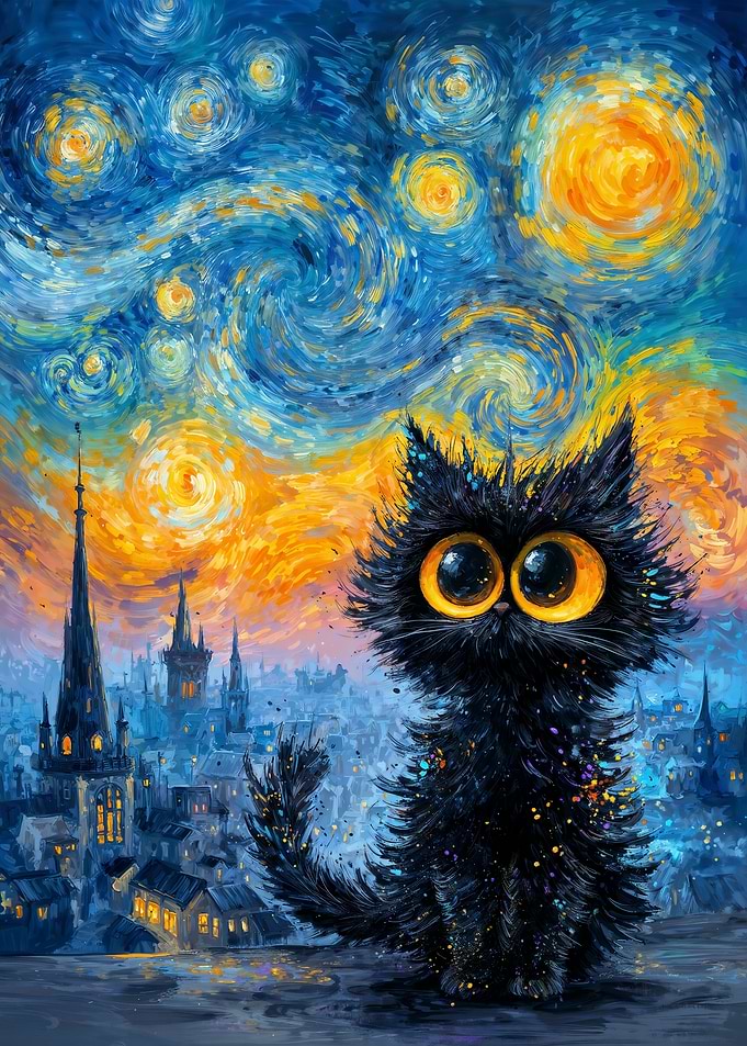 Whimsical Black Cat Under a Starry Night