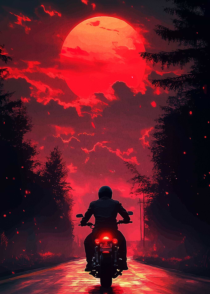 Motorcycle Ride Under Red Moon
