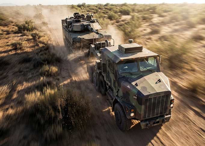 Military Truck Towing Tank in Desert