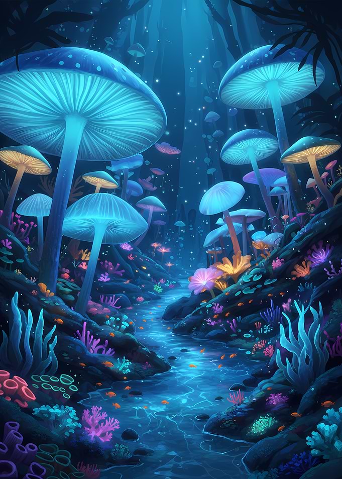 Enchanted Mushroom Forest with Glowing River