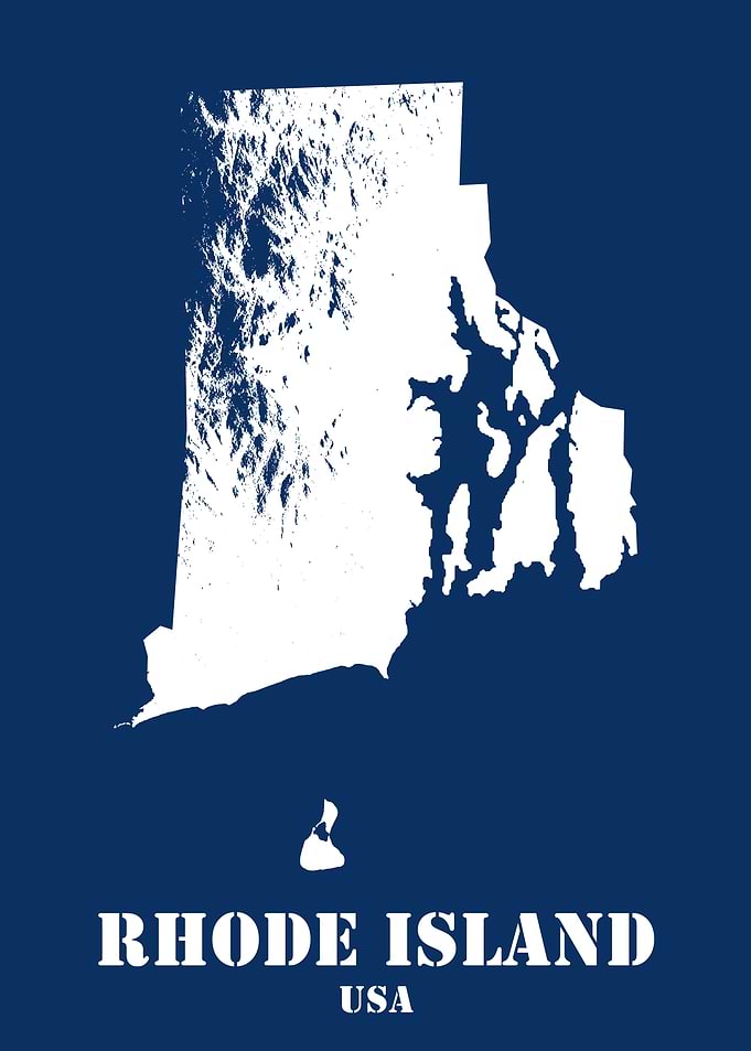 Rhode Island USA State Minimalist White Topographic Contour Map featuring terrain on navy blue background