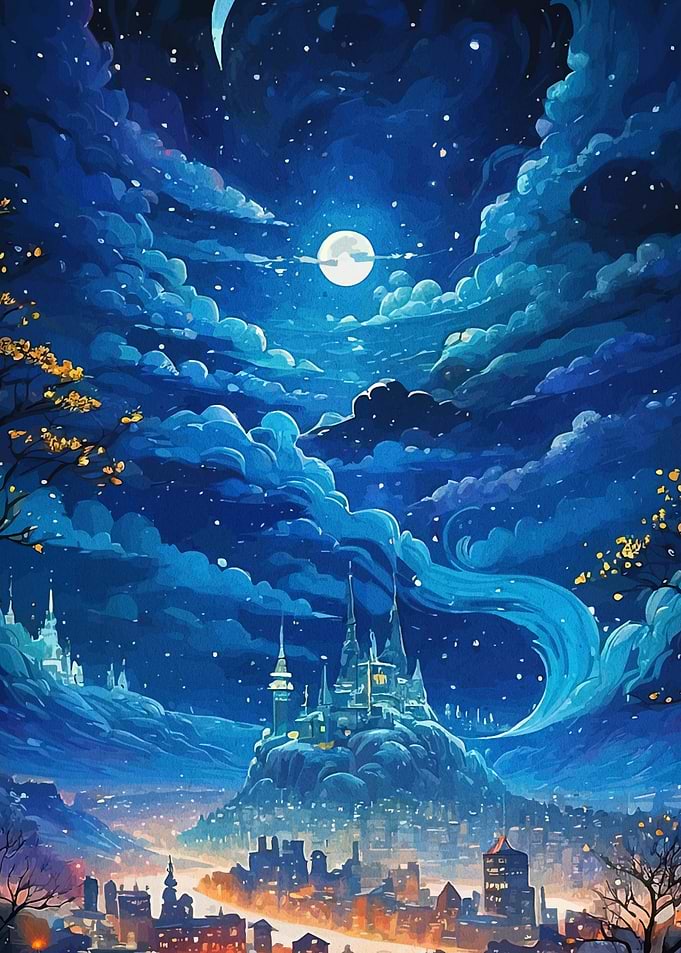 Night Sky Castle Cityscape Painting