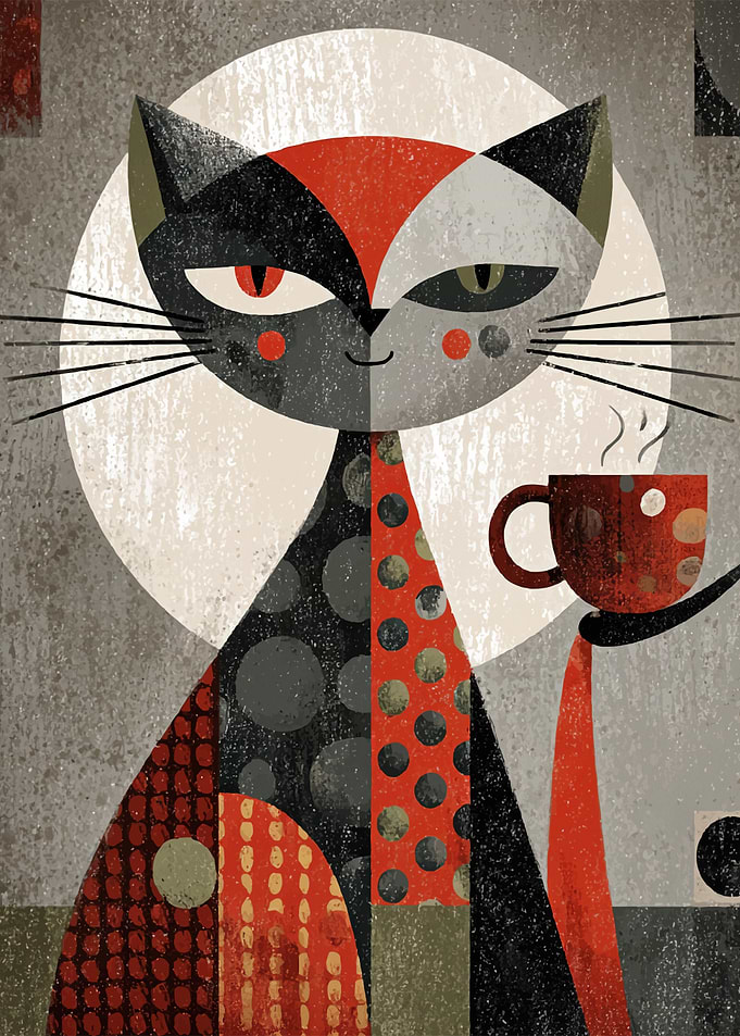 Stylized Cat with Coffee Cup Art