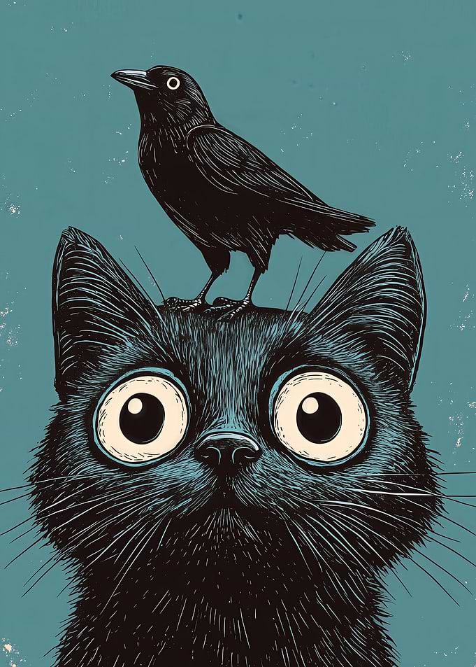 Black Cat with Crow Illustration