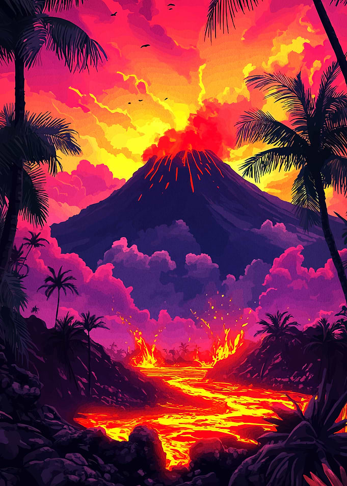 Volcanic Eruption with Lava Flow Landscape