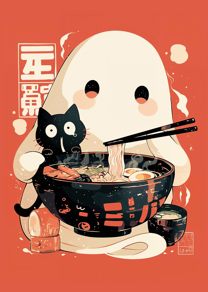 Kawaii Ghost Eating Ramen with Black Cat