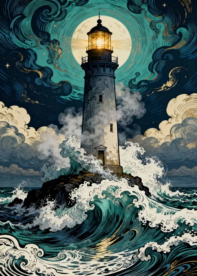 Lighthouse at Night with Waves