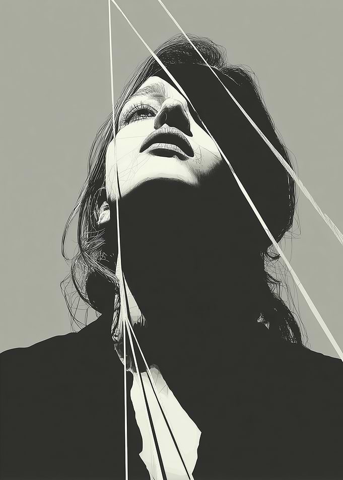 Monochrome Woman Gazing Upward with Lines