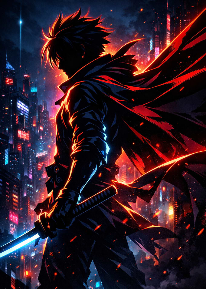 Cyberpunk Samurai in Neon Cityscape